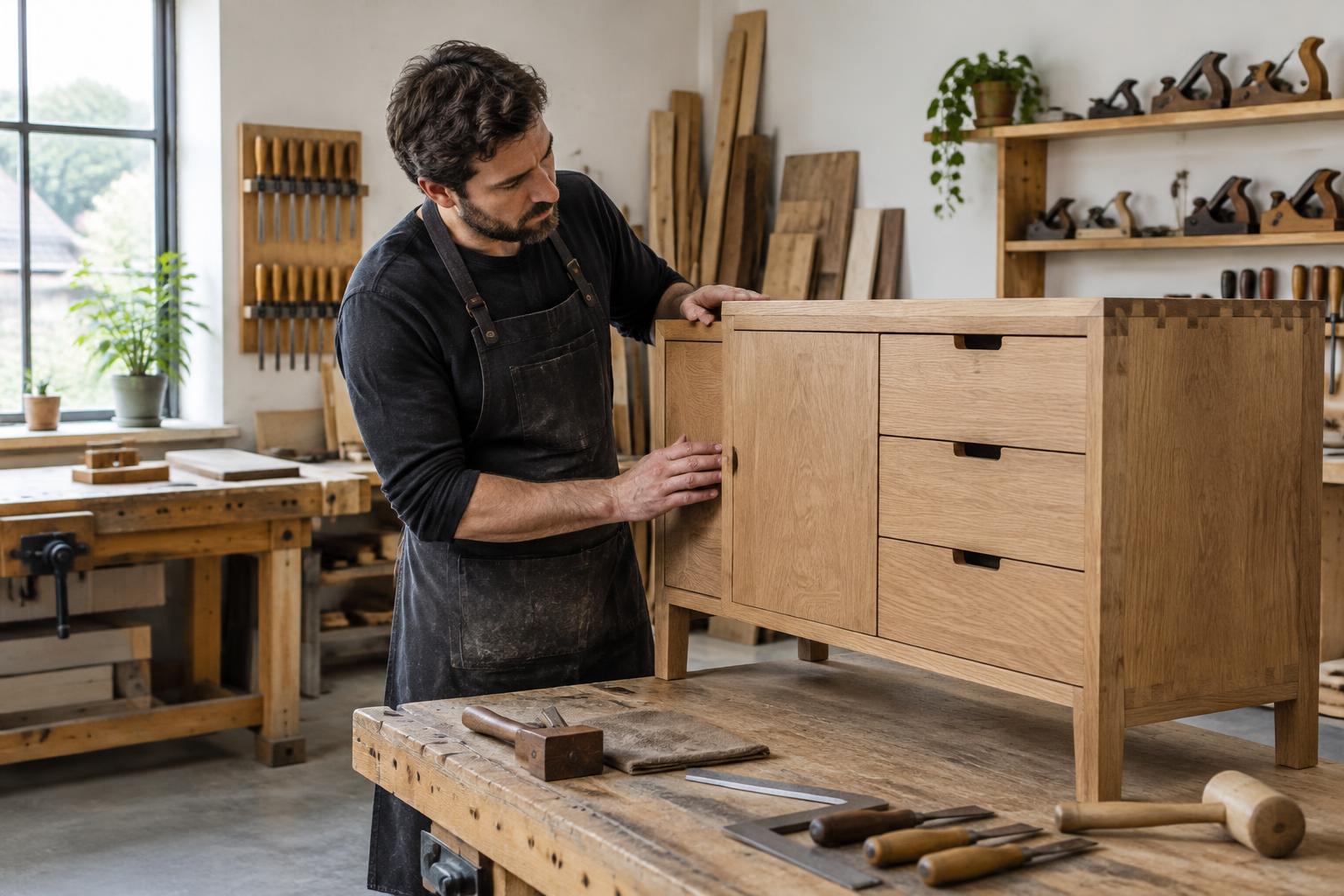Illustration: Tischler prüft die Verarbeitung eines handgefertigten Holzschranks