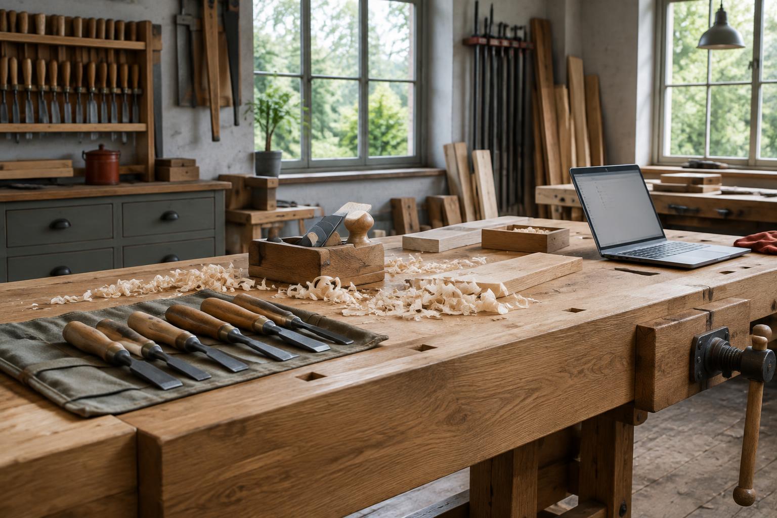 Illustration: Laptop und traditionelle Tischlerwerkzeuge auf einer Werkbank